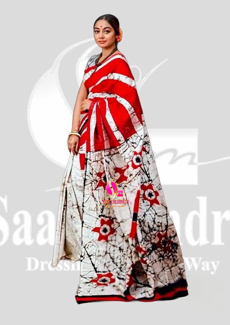 Batik Indian Premium Stylish Red & White Printed Batik Cotton Saree